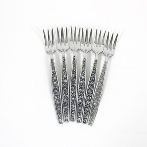 6 ANTIGUA Vintage Stainless Cocktail Forks, Mid Century Modern Black Detail